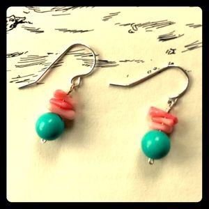 NWT Turquoise & Pink Coral Silver Drop Earrings